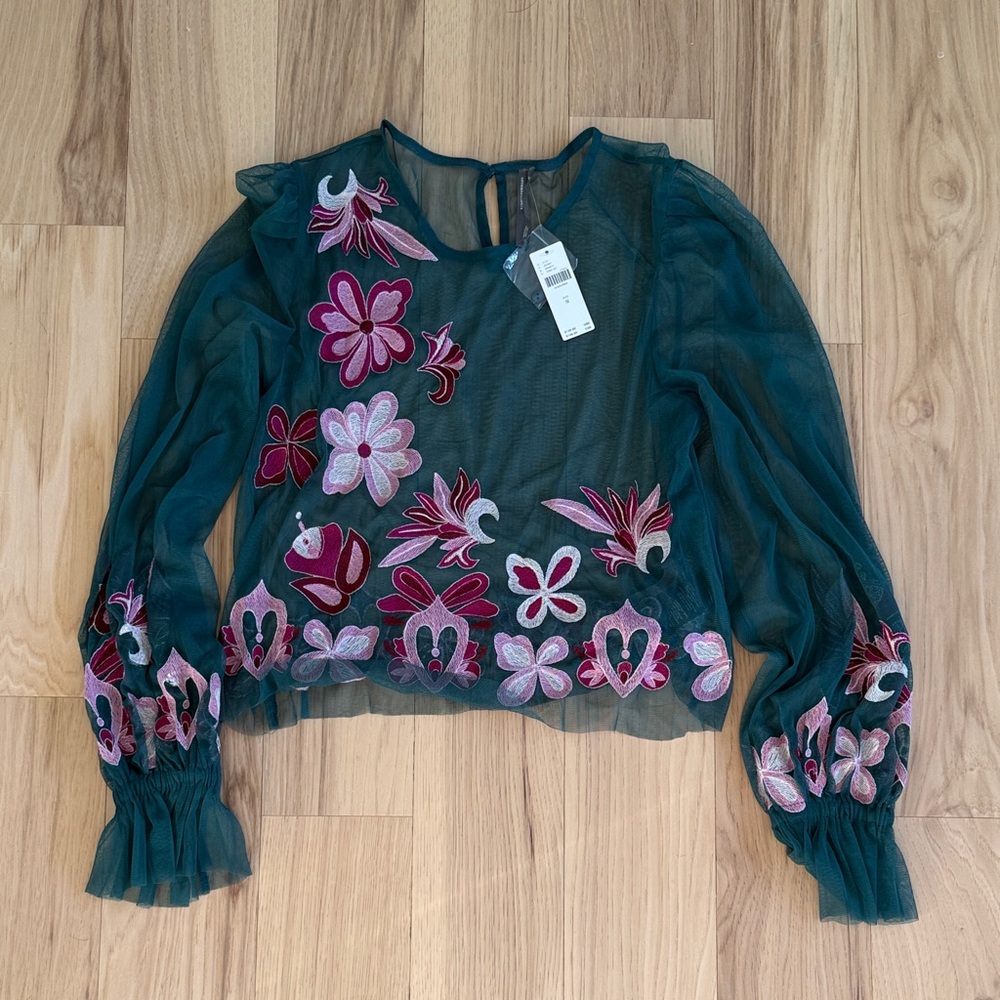 By Anthropologie Long-Sleeve
Embroidered Mesh Top